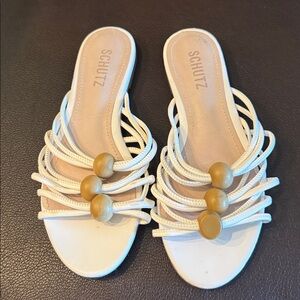 Schutz White Sandals with Wood Details